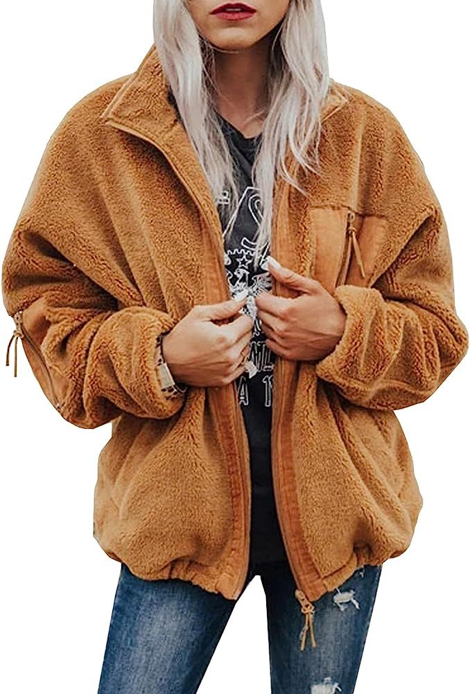 BTFBM Women Long Sleeve Full Zip Jackets Casual Solid Color Loose Soft Fleece Fuzzy Short Teddy Coat | Amazon (US)