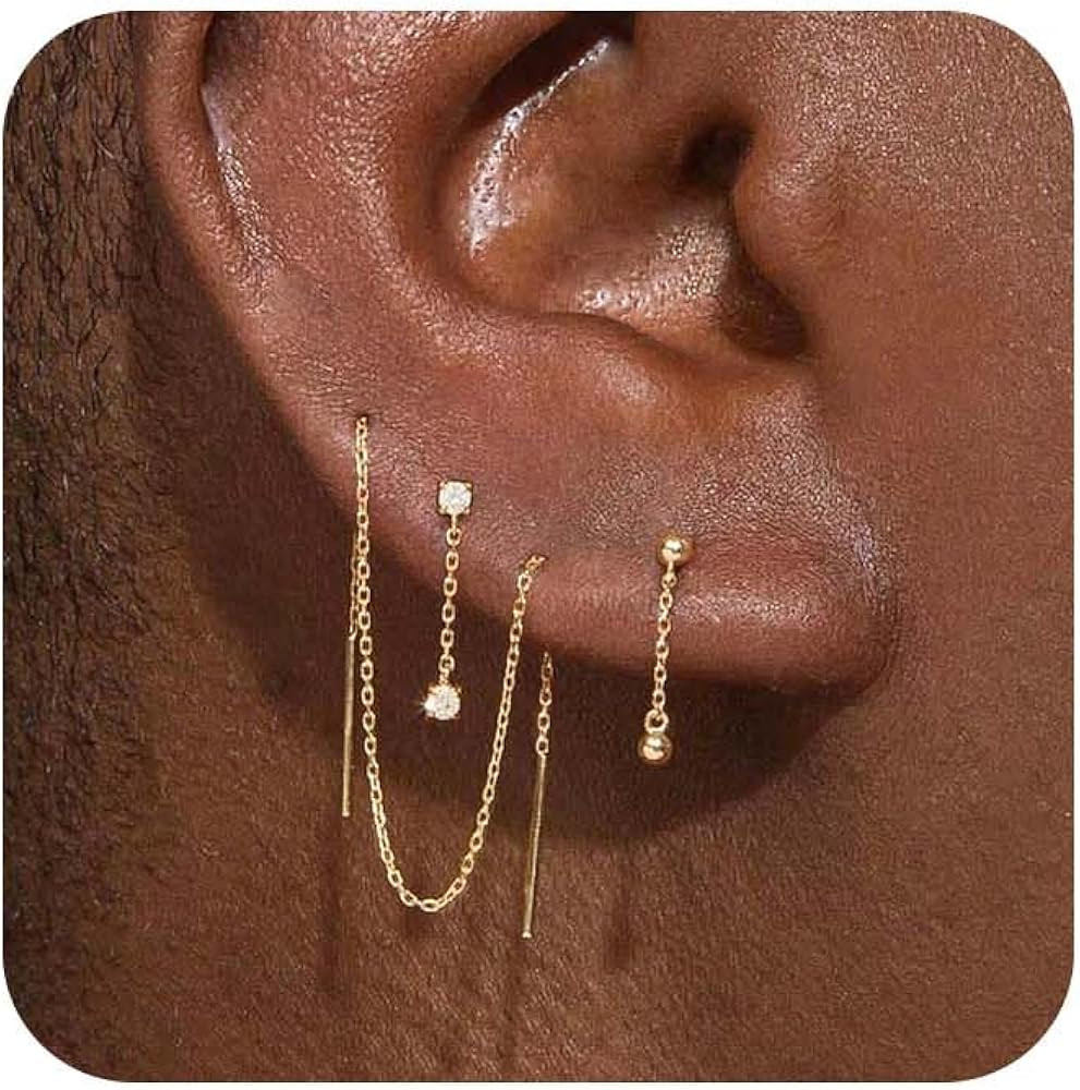 Gold Stack Earrings Set for Women Dainty Long Dangle Chain Earring Hypoallergenic Hoop Cubic Zirc... | Amazon (US)