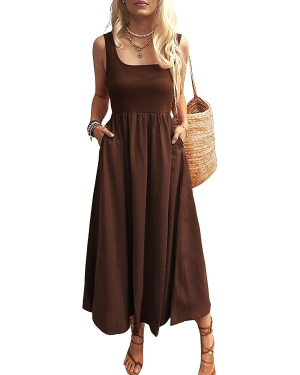 Women's Maxi Dress Summer Sleeveless Swing Sundress Casual Loose Tank Long Dresses with Pockets B... | Amazon (US)