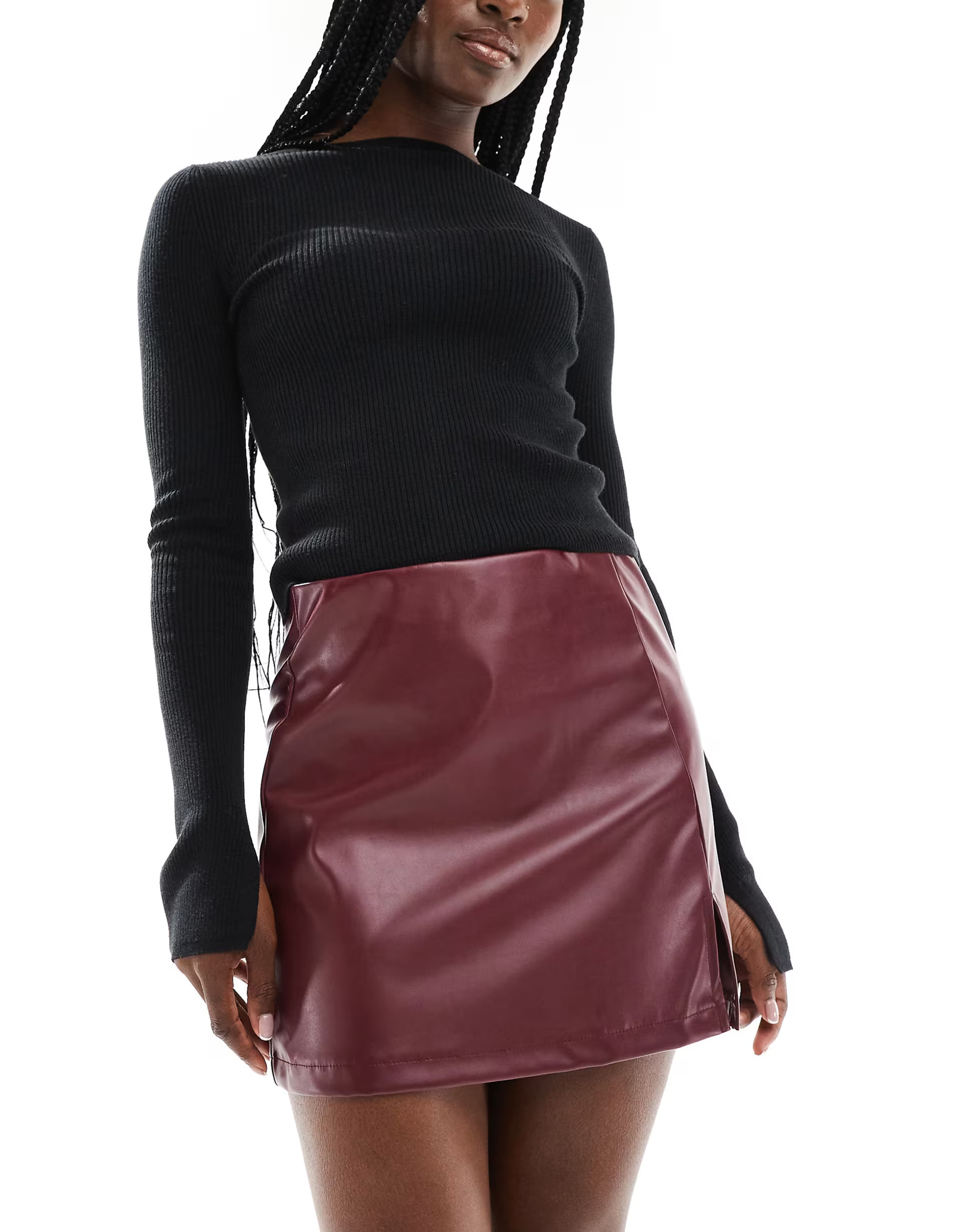 ASOS DESIGN PU mini skirt with split in burgundy | ASOS (Global)