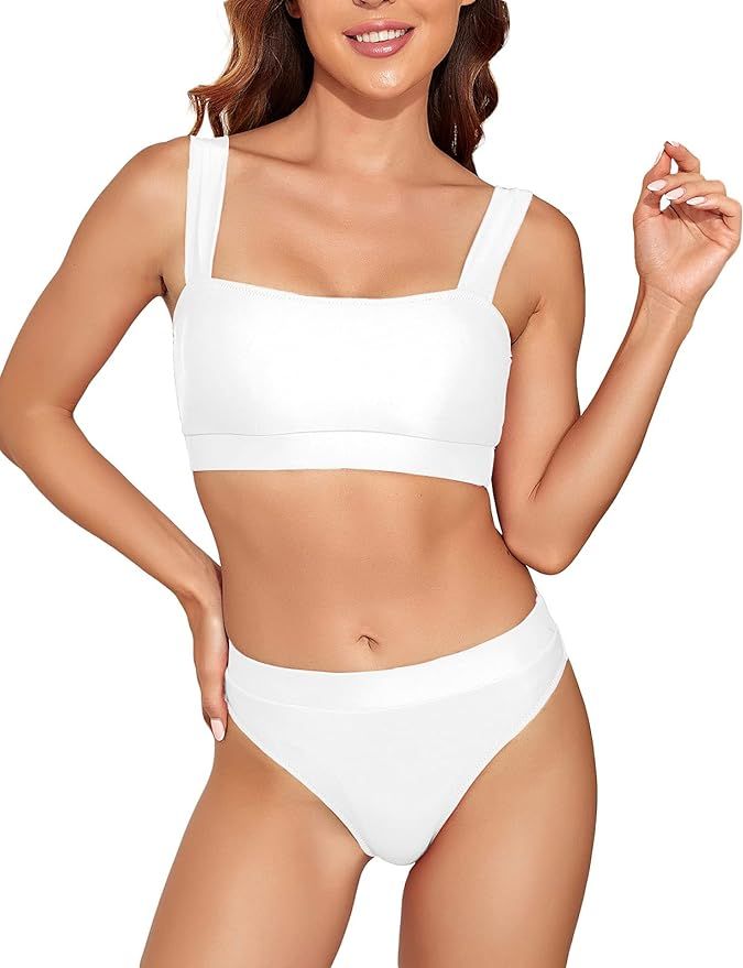 Women Sports High Waisted Bikini Set Bandeau Crop top Athletic Two Piece Swimsuits High Cut Bathi... | Amazon (US)