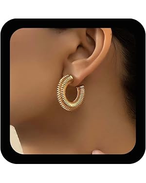 Amazon.com: Jugielu Vintage Chunky Hoop Earrings Gold Ribbed Hoop Earrings Twist Round Circle Puf... | Amazon (US)