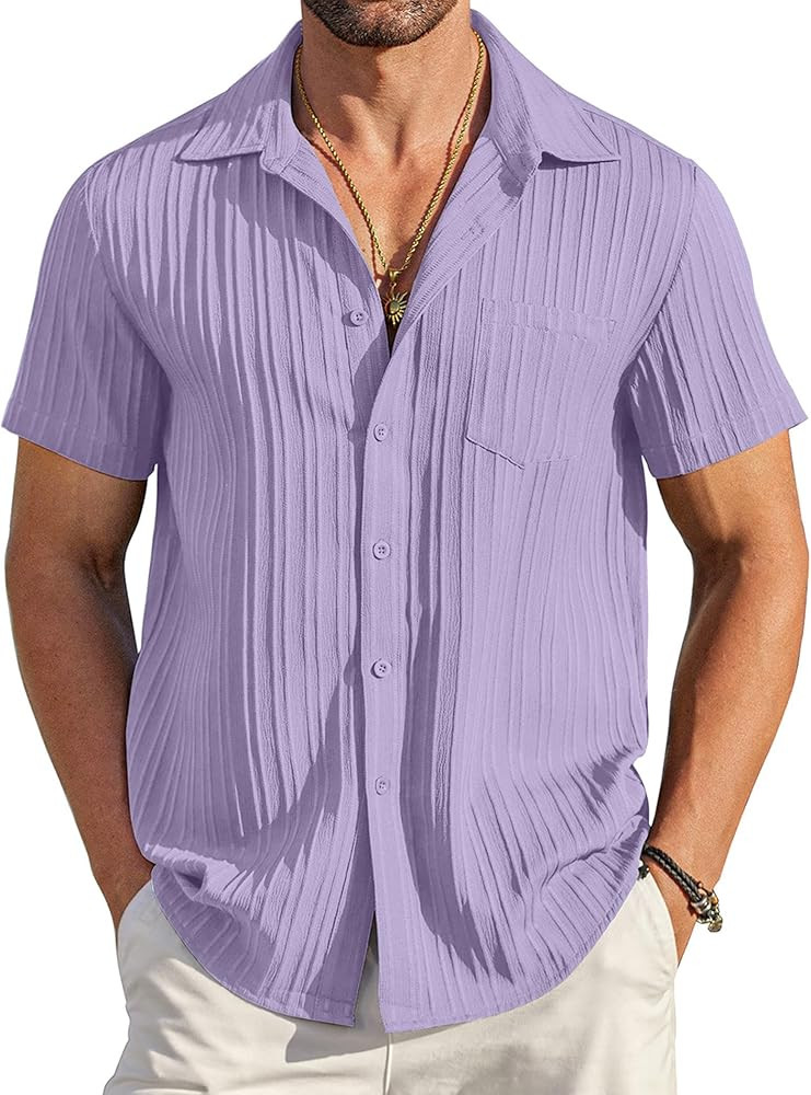 COOFANDY Men's Casual Button Down Shirts Short Sleeve Textured Summer Beach Shirt with Pocket | Amazon (US)