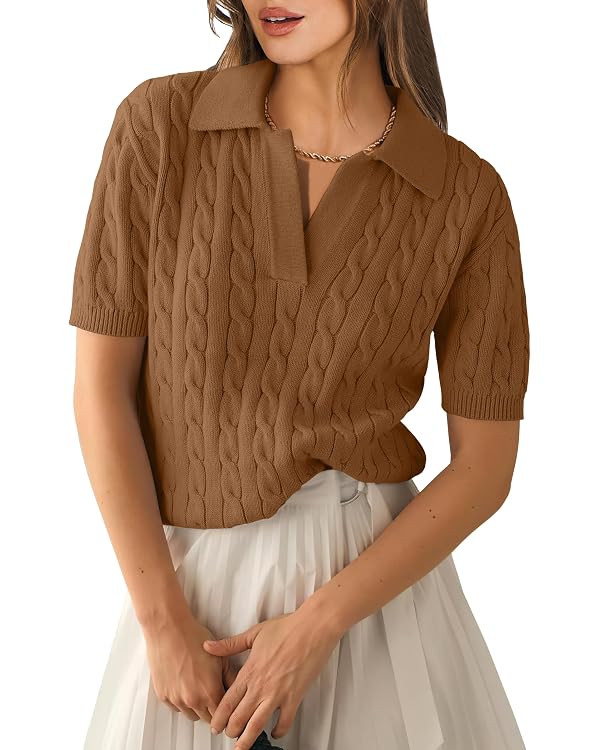 ANRABESS Womens Short Sleeve Cable Knit Polo Sweaters Summer Fall Outfits | Amazon (US)