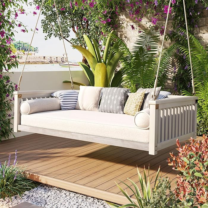 Patio Twin Size Garden Swing Bed Wood Porch Swing Loveseat Chair with Ropes for Backyard, Safe Sl... | Amazon (US)
