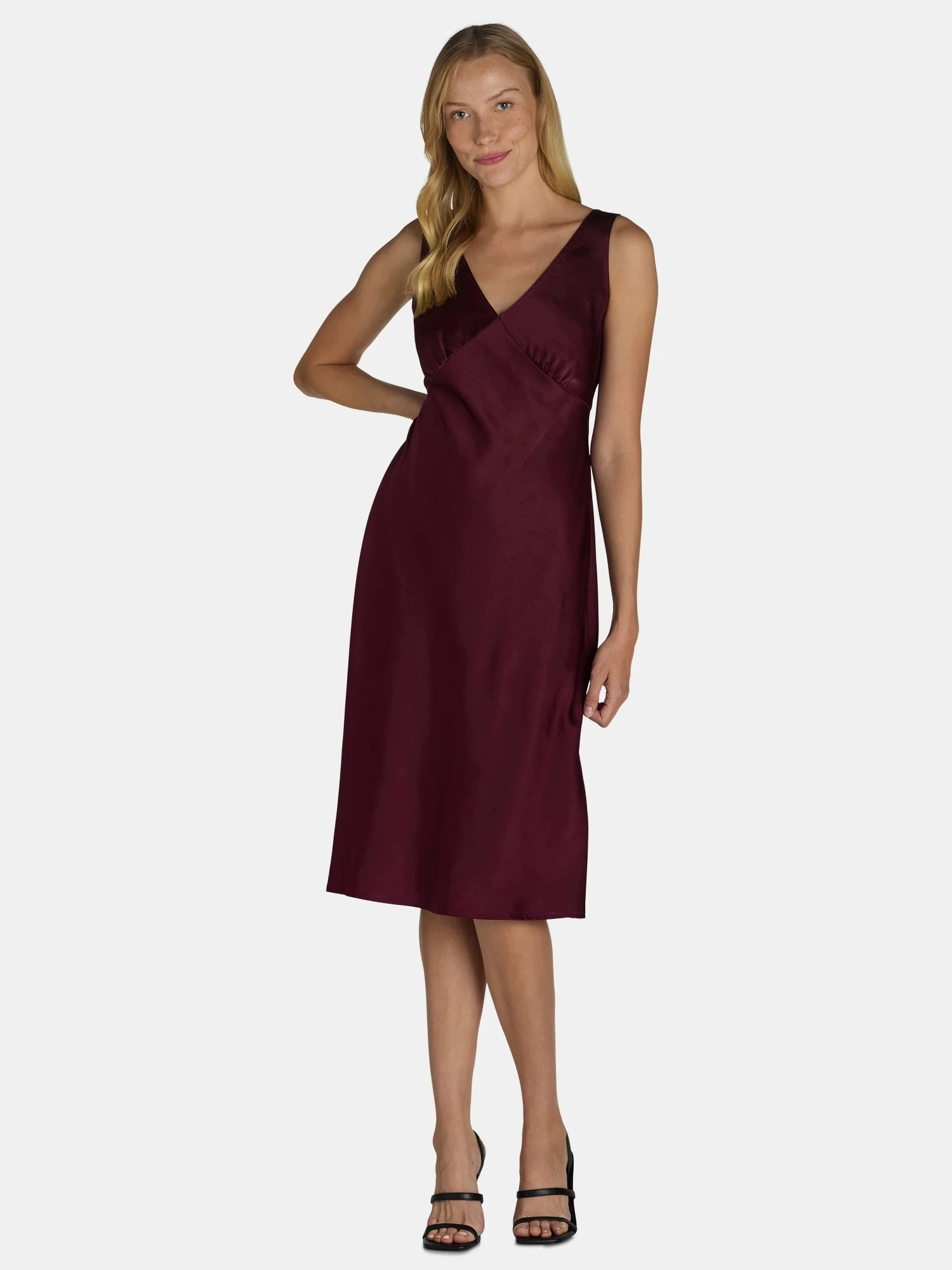 Nine.Eight Women’s Sleeveless V-Neck Satin Midi Dress, Sizes XS-XXXL - Walmart.com | Walmart (US)