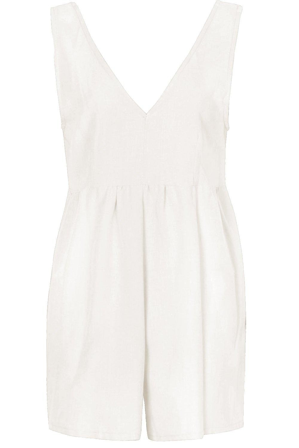 Petite V Neck Linen Look Romper | Boohoo.com (US & CA)