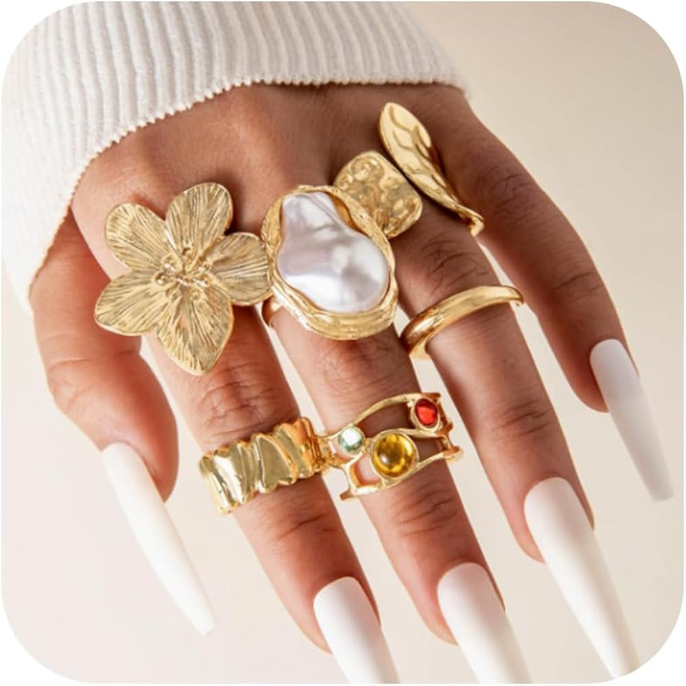 HUASAI Gold Stackable Rings for Women Statement Chunky Gold Rings Non Tarnish Boho Flower Seashel... | Amazon (US)