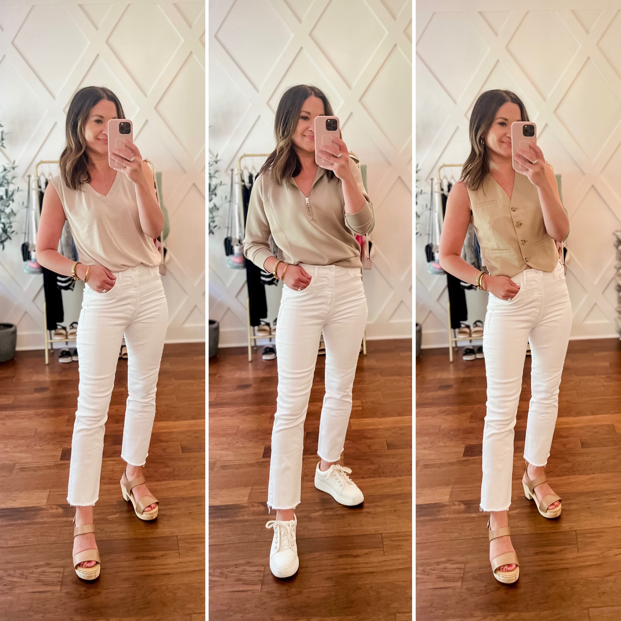 White jeans styled 3 ways / white and tan make a great neutral summer look 

#LTKstyletip #LTKSeasonal #LTKFind