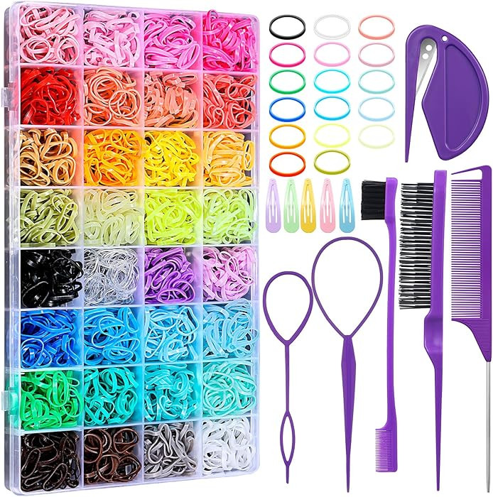 32 Colors Small Hair Rubber Bands with 16 Styling Tools, 2000 Pcs Elastic Girl Baby Hair Ties, Mi... | Amazon (US)