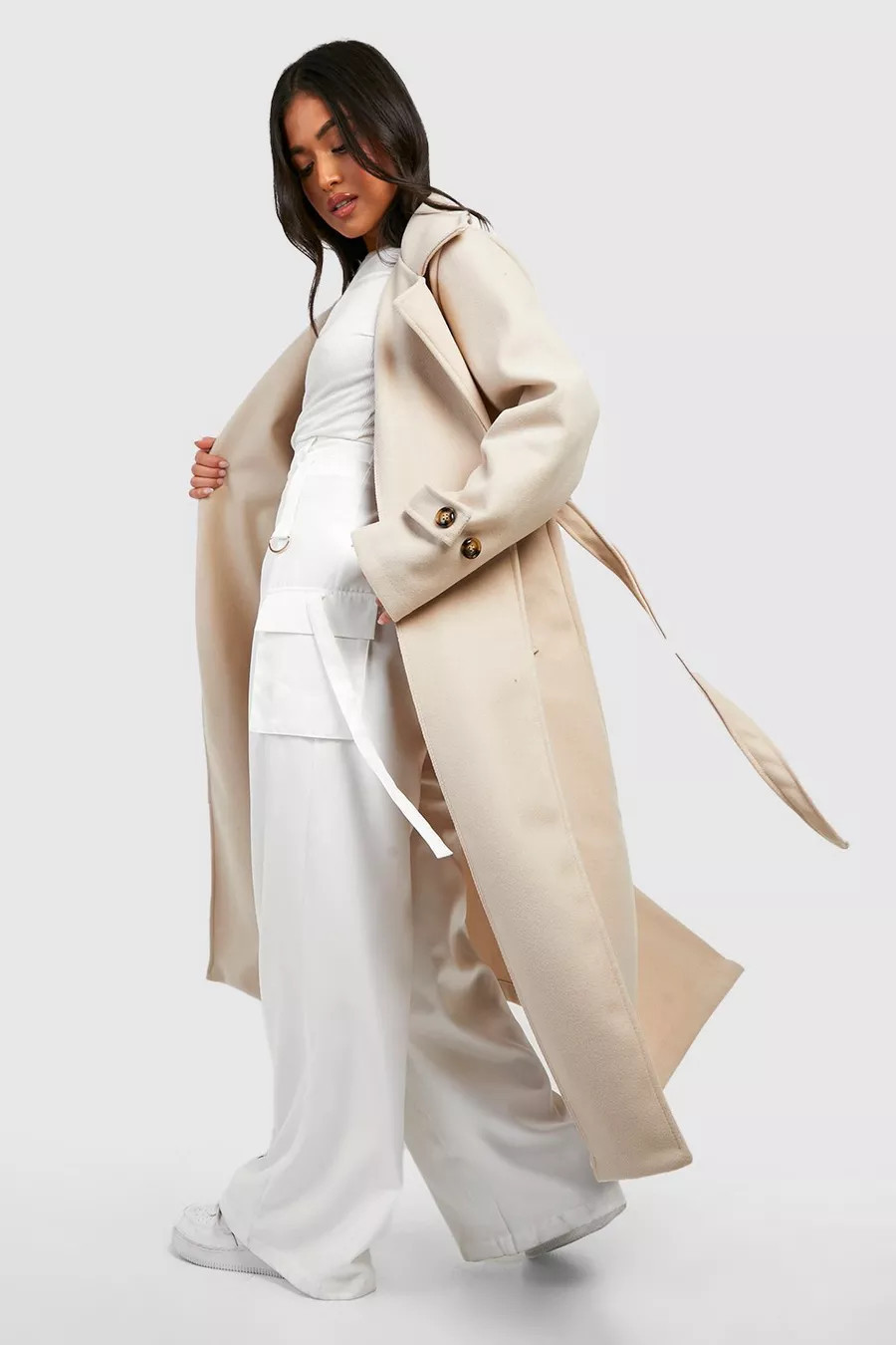 Petite Belted Wool Look Trench | Boohoo.com (US & CA)