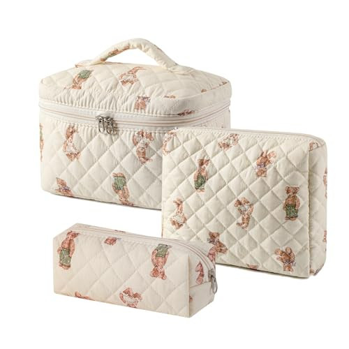 uekeboag 3 pcs Large Floral Quilted Makeup Bag Set for Women, Cotton Quilted Big Cosmetic Bag, Coquette Aesthetic Cute Travel Toiletry Bag(3Pcs Bear) | Amazon (US)