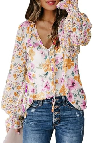 Biucly Women's Casual Boho Floral Print V Neck Long Sleeve Drawstring Tops Loose Blouses Button D... | Amazon (US)