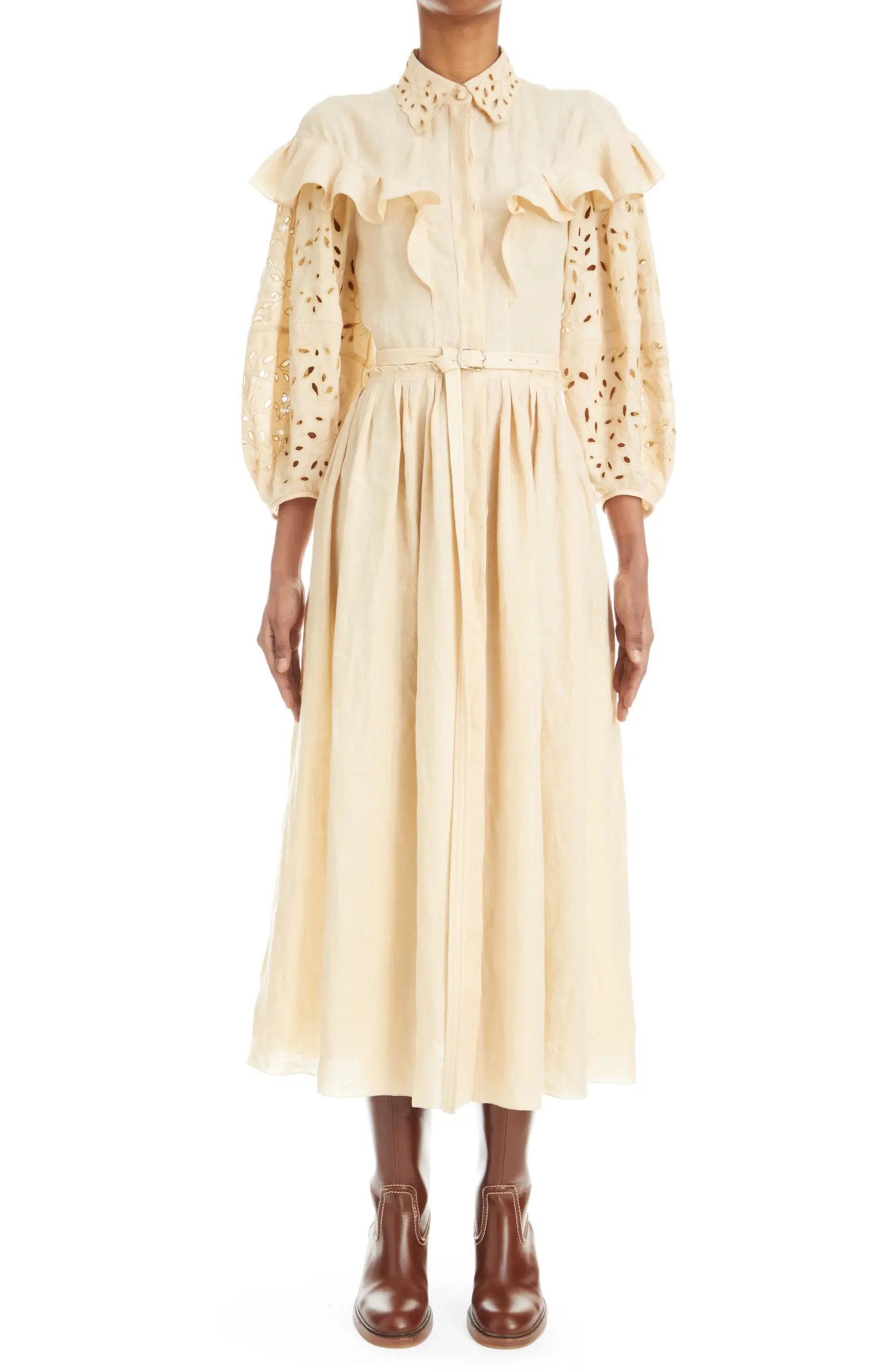 Broderie Anglaise Balloon Sleeve Linen Voile Shirtdress | Nordstrom
