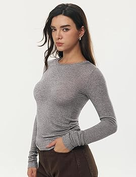 Women's Long Sleeve Shirts Merino Wool Blend Crew Neck Tops Fitted Basic Tee Cozy Embrace Collect... | Amazon (US)