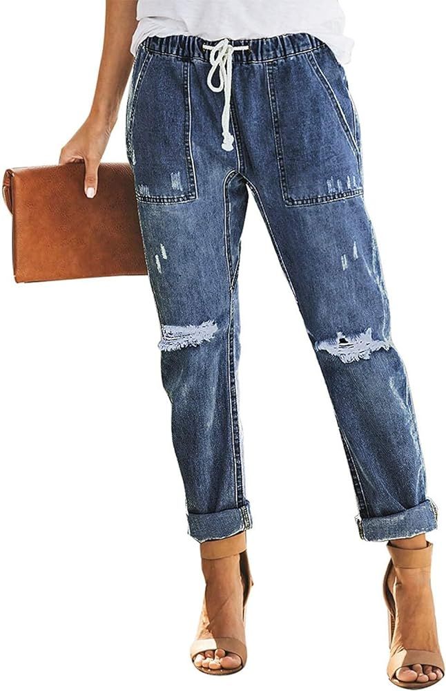 Sidefeel Women's Cargo Jeans Ripped Elastic Drawstring Waist Denim Joggers Trouser Pull On Pants | Amazon (US)