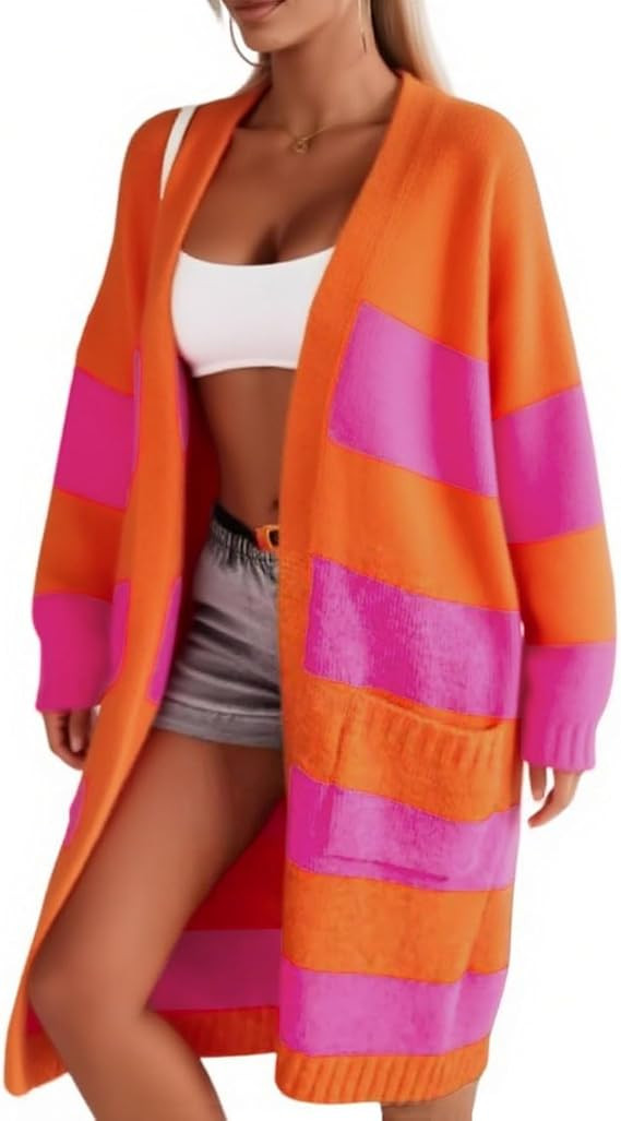 chouyatou Women's Trendy Striped Knit Cardigan Color Block Open Front Mid Long Sweater Jacket Coa... | Amazon (US)