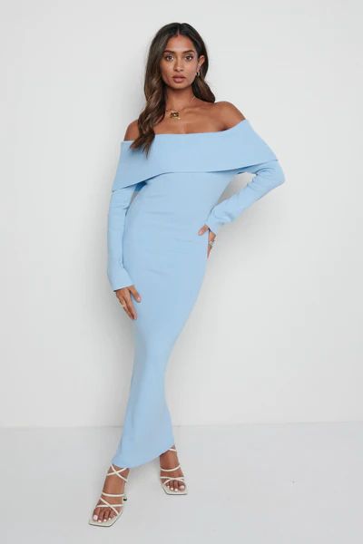 Soreya Bardot Knit Dress- Blue | Pretty Lavish (UK)