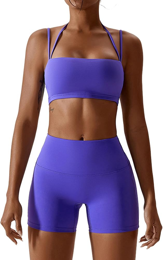 IMEKIS Women's Workout Sets 2 Piece Yoga Outfit High Waisted Biker Shorts Leggings Sports Bra Gym... | Amazon (US)