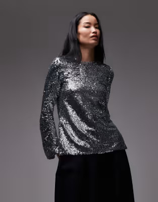 ARKET long sleeve keyhole back sequin top in silver | ASOS (Global)