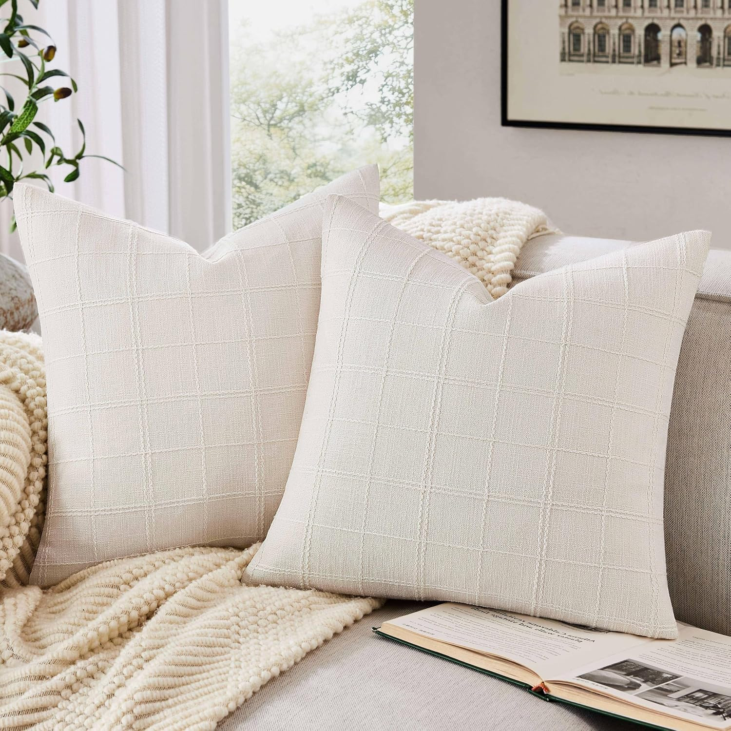 Linen Checked Throw Pillow Covers Set of 2, 18x18 Inch Ivory/Cream, Farmhouse Decorative Single Sided Grid Embroidered Couch Pillow Cases Off White Cotton Linen Cushion Covers | Amazon (US)