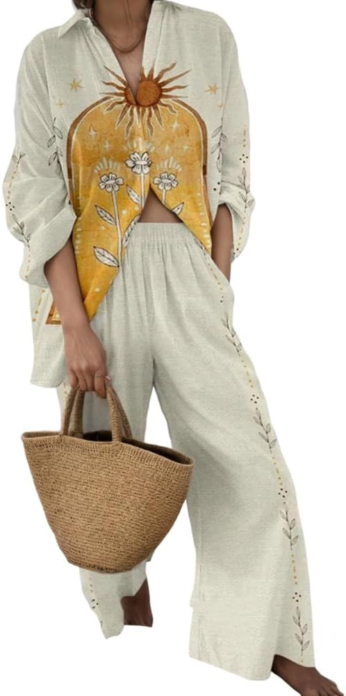 Akivide Womens Beach Vacation 2 Piece Outfits Long Sleeve Button Down Shirts and Matching Drawstr... | Amazon (US)