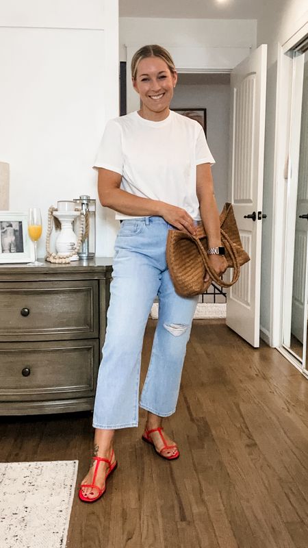 I am LIVING for this outfit and honestly base for so many looks! I’m in a small tee and true to size 29 petite jeans; 29 shorts. 
Size 8 sandals and I’m obsessed! Sale ends tmw! 

#LTKxMadewell #LTKStyleTip #LTKSaleAlert