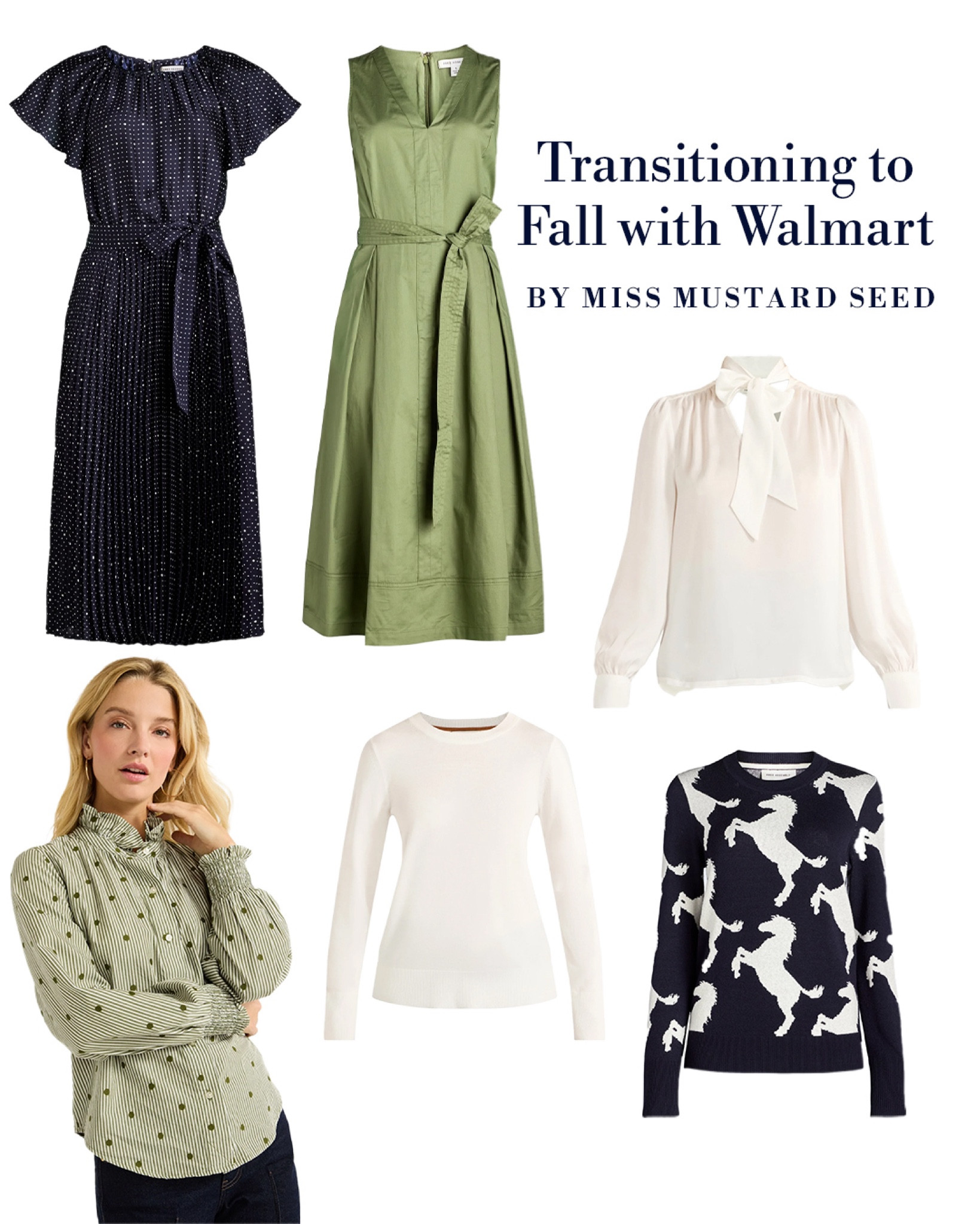 Blue, green & white is what I wear every season, including fall. #walmartpartner here are a few @walmartfashion favorites including the most adorable crew neck sweater with horses galloping across. #walmartfashion