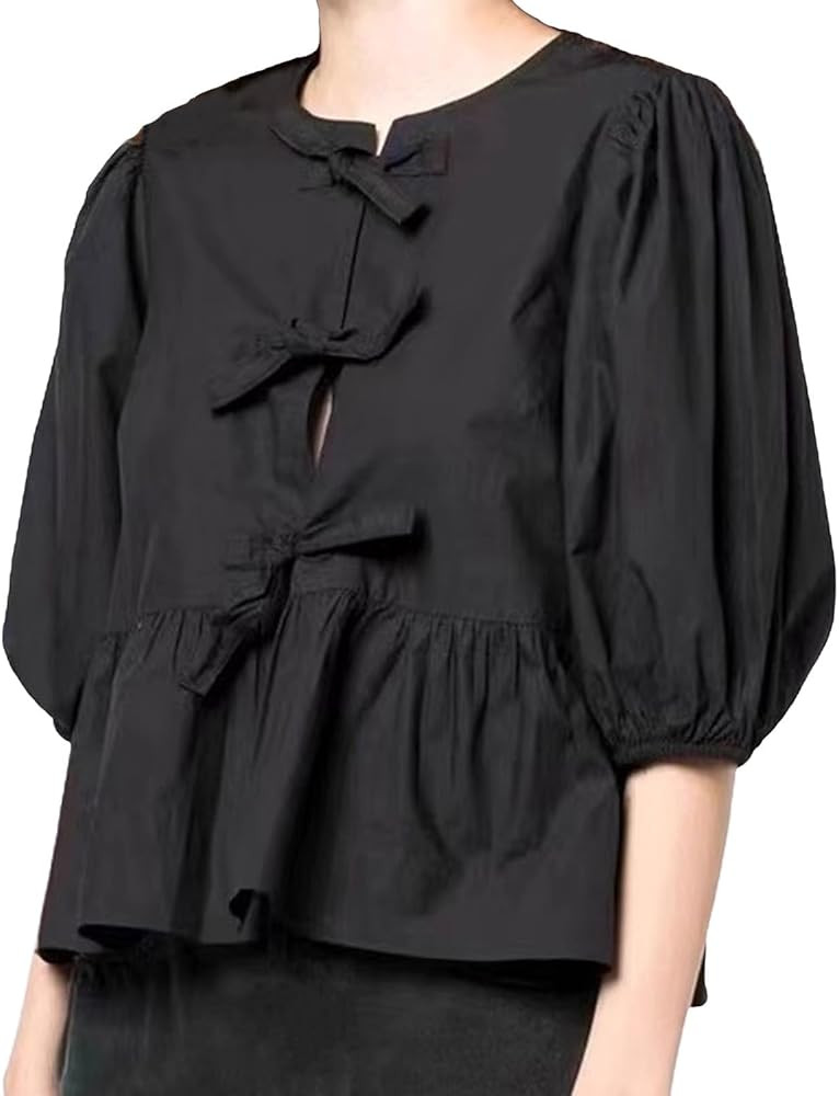 Front Tie Tops for Women Leopard Print Babydoll Peplum Top Puff Sleeve Coquette Tops 3/4 Sleeve C... | Amazon (US)