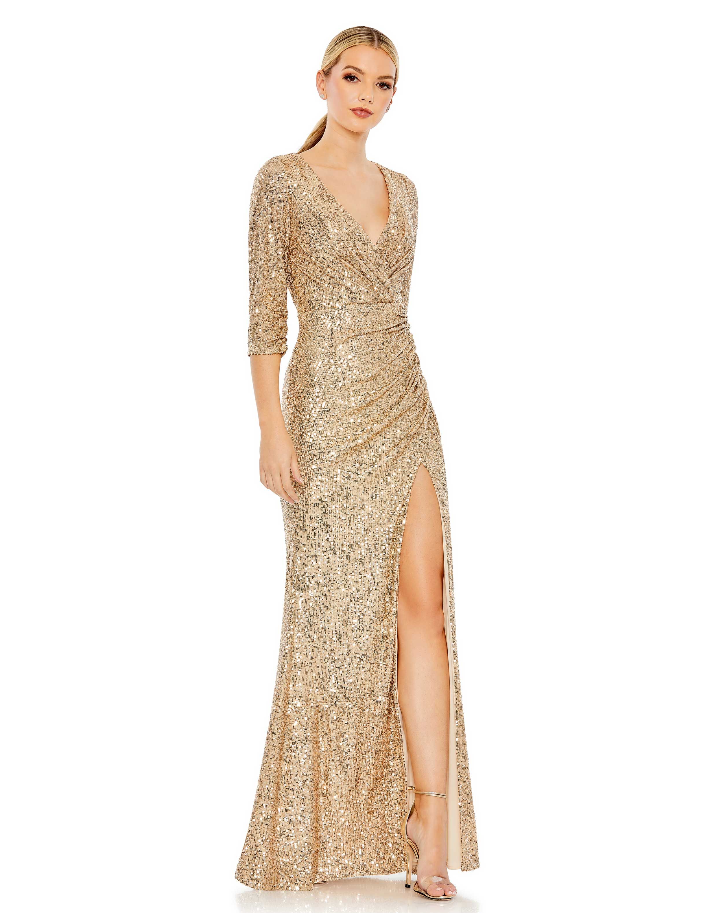 Sequined Draped 3/4 Sleeve Gown | Mac Duggal