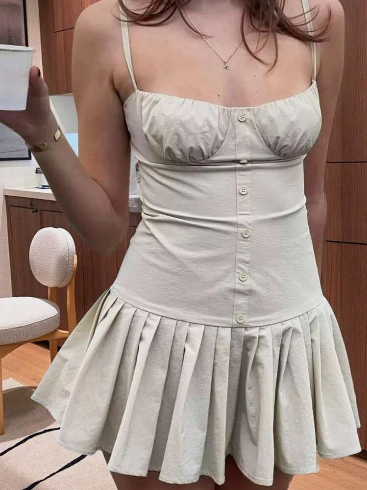 Pariaura Stylish Versatile Cami Pleated Bodice Button Waist Pleated Mini Dress For Women | SHEIN