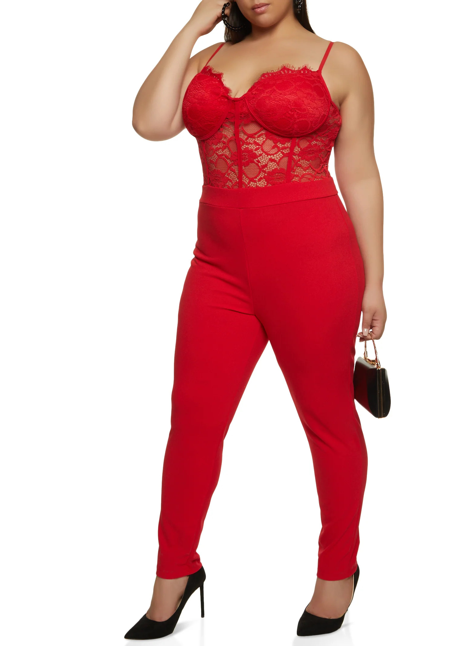 Plus Size Zip Back Lace Bustier Jumpsuit  - Red | Rainbow Shops