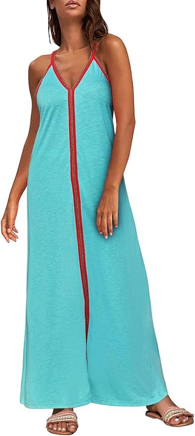 Saodimallsu Womens Summer V Neck Maxi Dresses Casual Sleeveless Spaghetti Strap Color Block Beach... | Amazon (US)