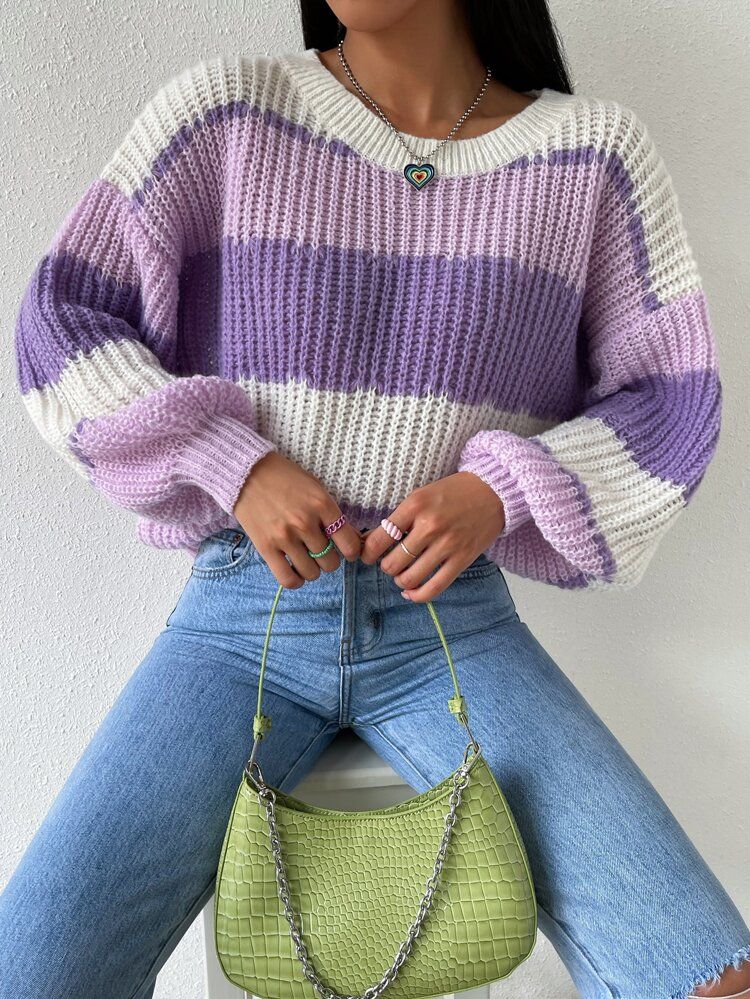 Colorblock Rib-knit Drop Shoulder Sweater | SHEIN