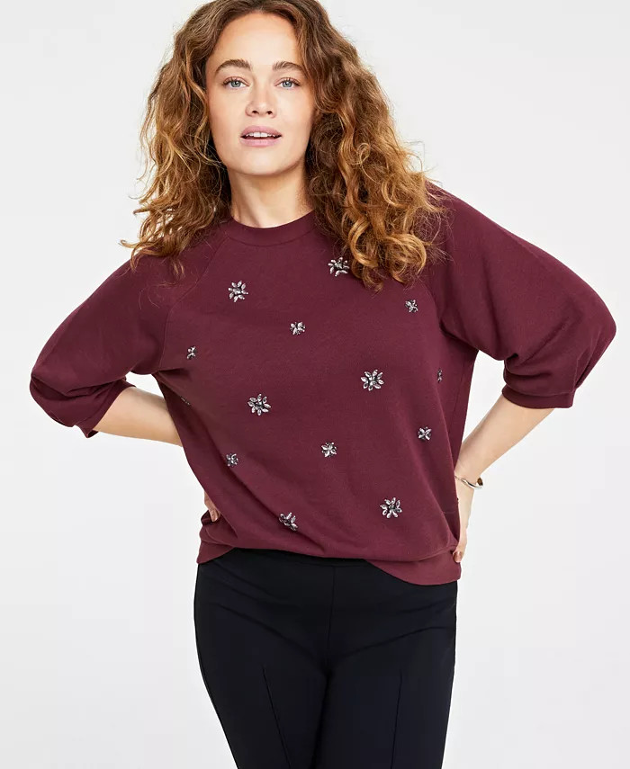 Women's Embellished Elbow-Sleeve Sweatshirt, Created for Macy's | Macy's