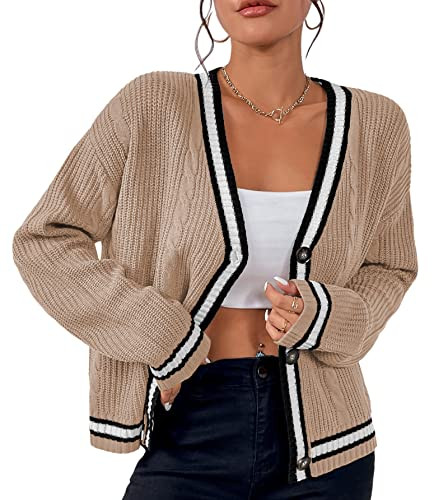 Womens Open Front Cardigan Button Down Striped Sweater Casual Loose Fitting V Neck Knit Coat | Amazon (US)