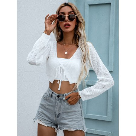 White Ribbed Knit Tie Front Crop Cardigan | Walmart (US)