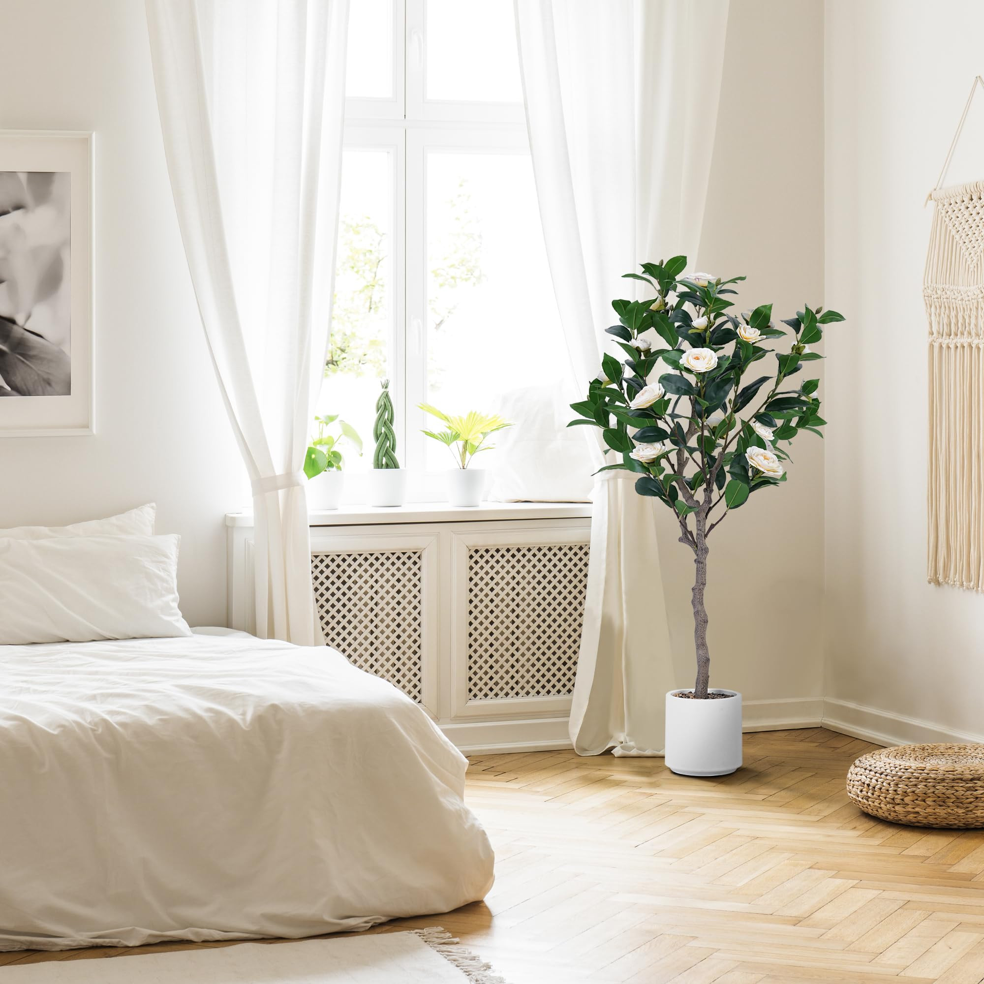 Artificial Camellia Tree 4ft, 2 Pack Indoor Fake Plant with Realistic Trunk, Leaves, Flowers and ... | Amazon (US)