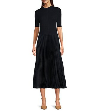 BOSS by HUGO BOSS Fadrid Mixed Media Knit And Woven Round Neck Short Sleeve Pleated Midi Dress - S | Dillard's