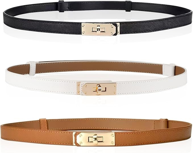 VEGCOO 3PCS Women Skinny Leather Belt, Adjustable Fashion Slim Thin Waistband Alloy Turn Lock Buc... | Amazon (UK)