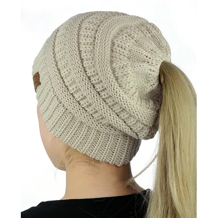 C.C BeanieTail Soft Stretch Cable Knit Messy High Bun Ponytail Beanie Hat, Beige | Walmart (US)