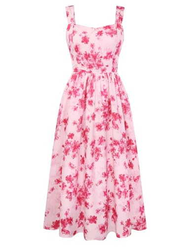 Belle Poque Women's Floral Midi Sundress with Pockets Sweetheart A Line Spring Summer Dresses for Wedding Guest Pink M | Amazon (US)
