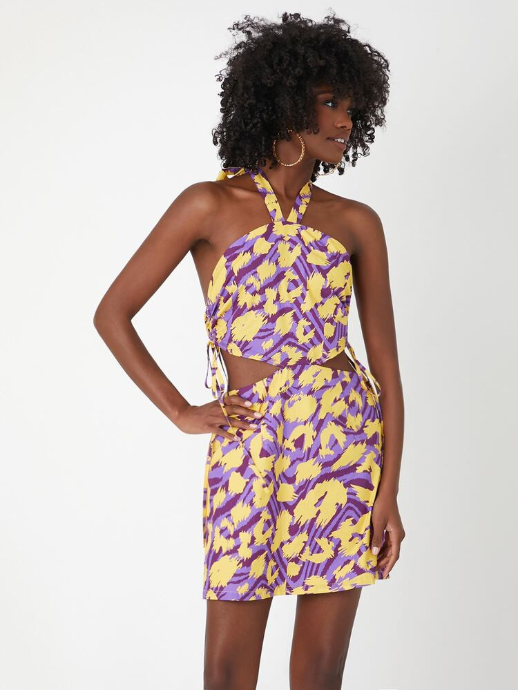 SHEIN NEWNESS Allover Print Cut Out Tie Backless Halter Dress | SHEIN