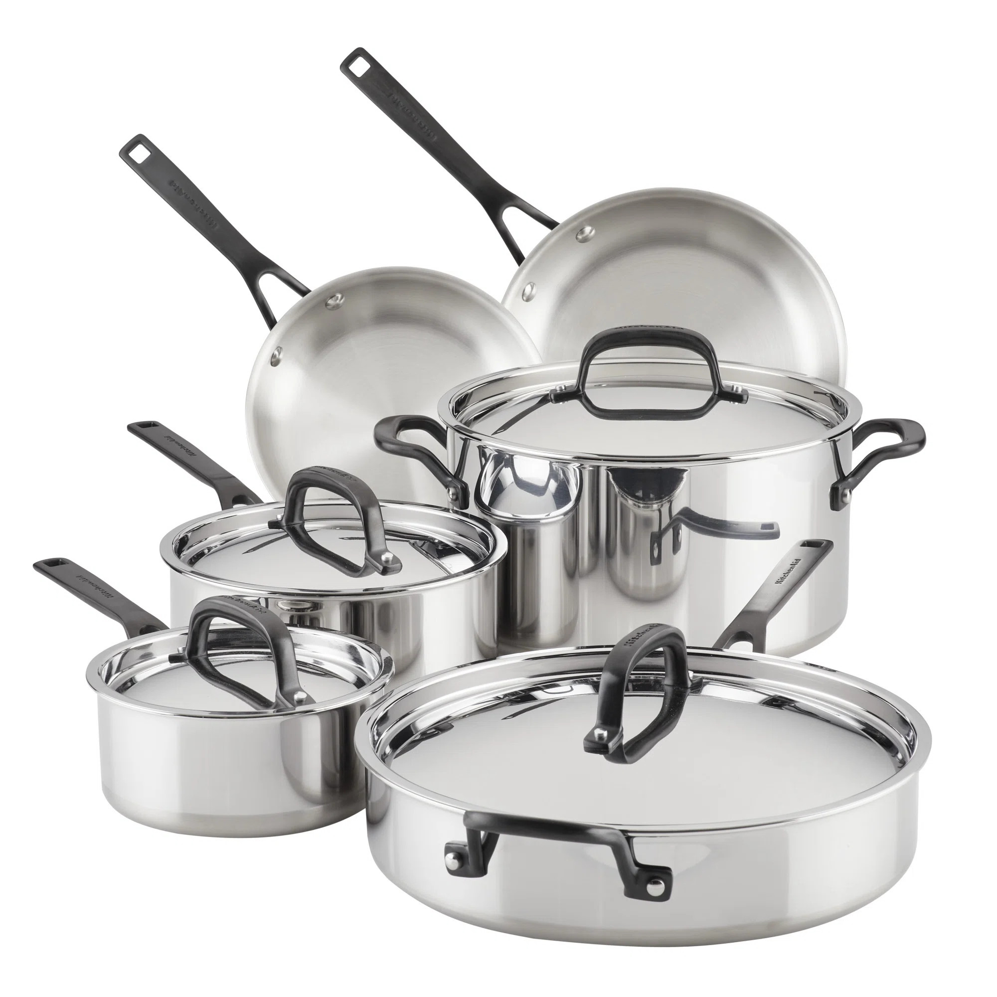 KitchenAid 5-Ply Clad Stainless Steel Cookware Induction Pots and Pans Set, 10 Piece, Polished St... | Wayfair North America