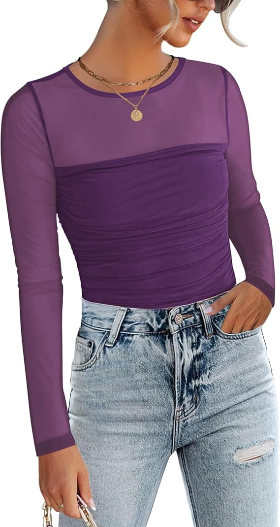 Zeagoo Long Sleeve Shirts for Women Sheer Mesh Sexy Blouses Fall Fashion Crewneck Going Out Tops | Amazon (US)