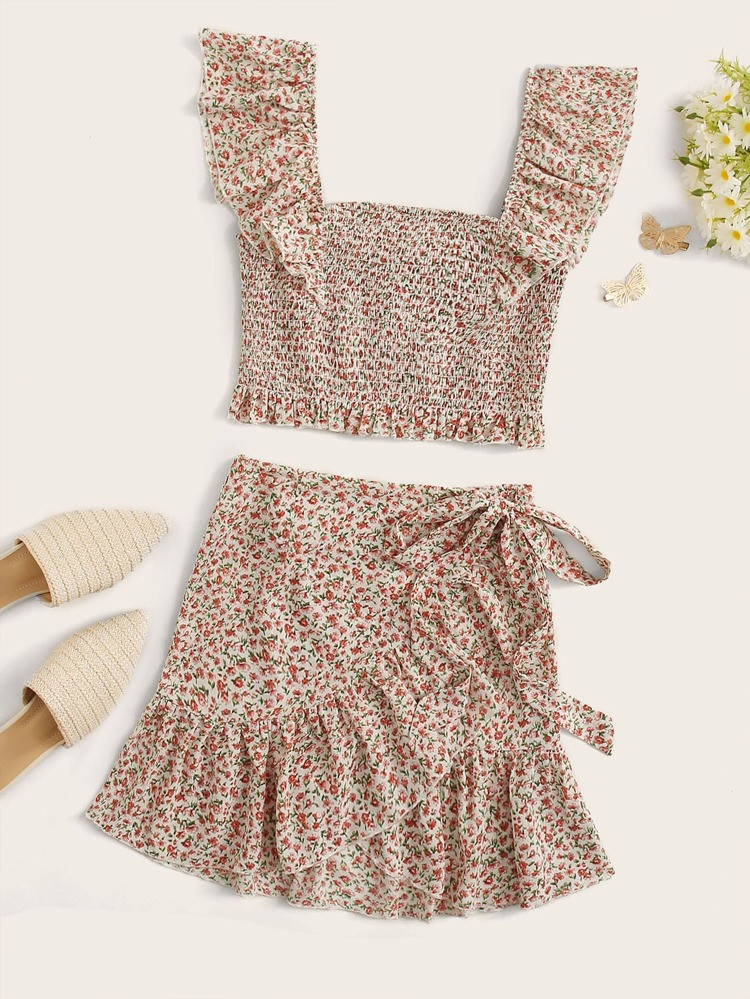 SHEIN Ditsy Floral Smocked Top & Self-Tie Wrap Skirt Set | SHEIN