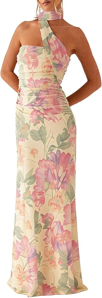 Women Summer Dress Floral Formal Wedding Guest Dress Strapless Tube Dress with Scarf Cocktail Lon... | Amazon (US)