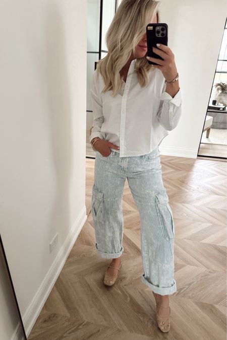 Casual summer style! My pants are 20% off, now $25!! Size up one and this stretch, crop shirt is a must have! Worth every penny for the material! I did small. 

Ballet flats. Target style. Summer style. Cargo pants. Summer outfit. 

#LTKStyleTip #LTKSaleAlert #LTKFindsUnder50