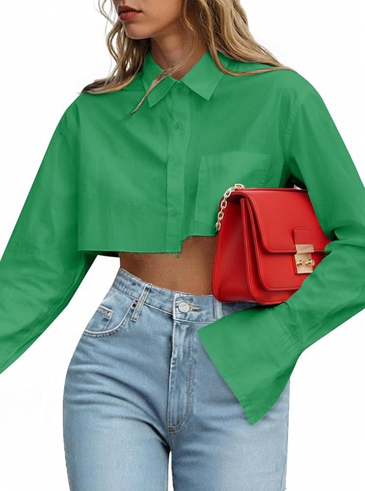 Remidoo Women's Casual Striped Cropped Button Down Shirt Long Sleeve Crop Top | Amazon (US)