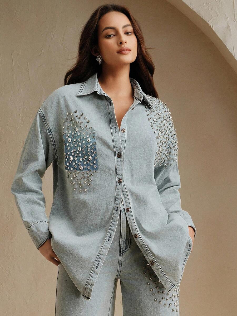 Anewsta Vintage Retro Rhinestone & Pearl Embellished Denim Blouse For Women, Elegant For Spring, ... | SHEIN